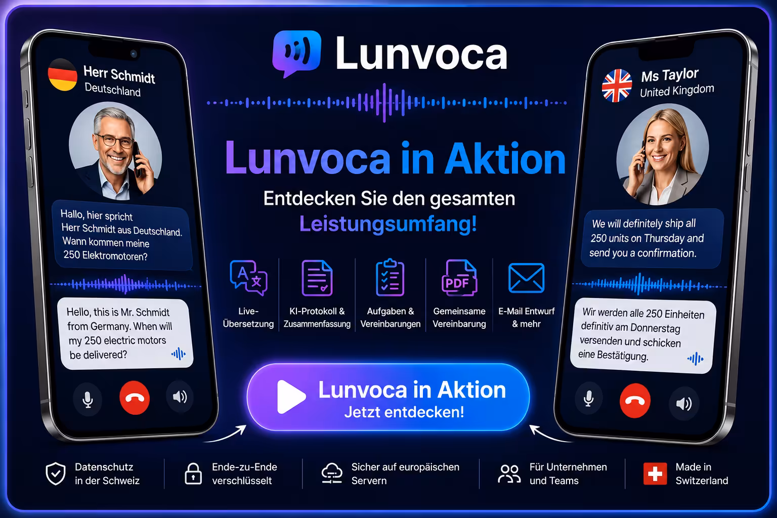 Lunvoca in Aktion: deutsch-englisches Geschäftstelefonat mit Live-Übersetzung, KI-Protokoll, Aufgaben, gemeinsamer Vereinbarung und E-Mail-Entwurf